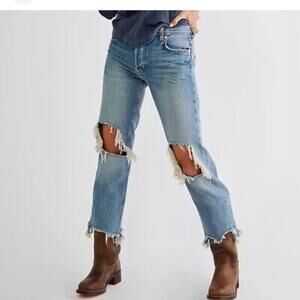 Free People Maggie Busted Knee Distressed Raw Hem Jeans Blue 29